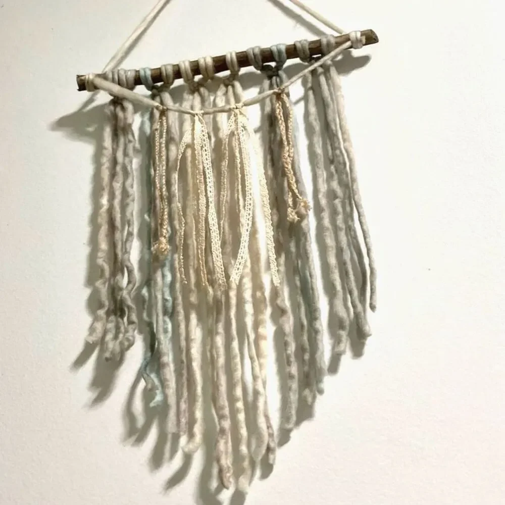 BOHEMIAN Boho Wall Art Natural WOOL Ribbon Twine Wall Hanging 14 x 27 inches